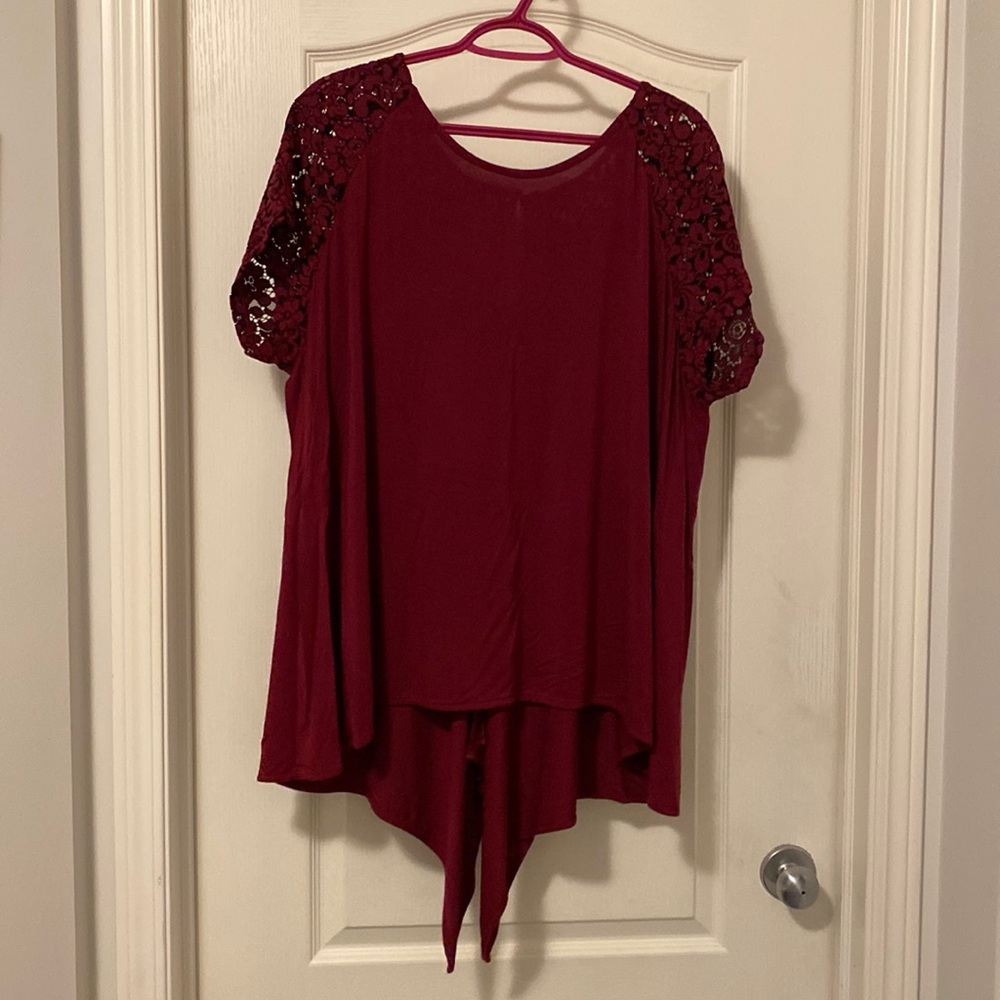 Pennington’s maroon open back top with lace
